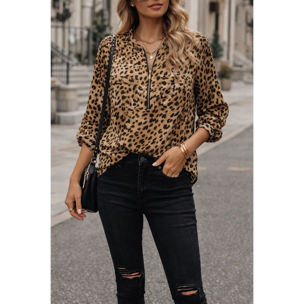 Calvin Klein Blouse Women XS Tan Leopard Print Roll Tab Sleeve Half Zip Mob Wife